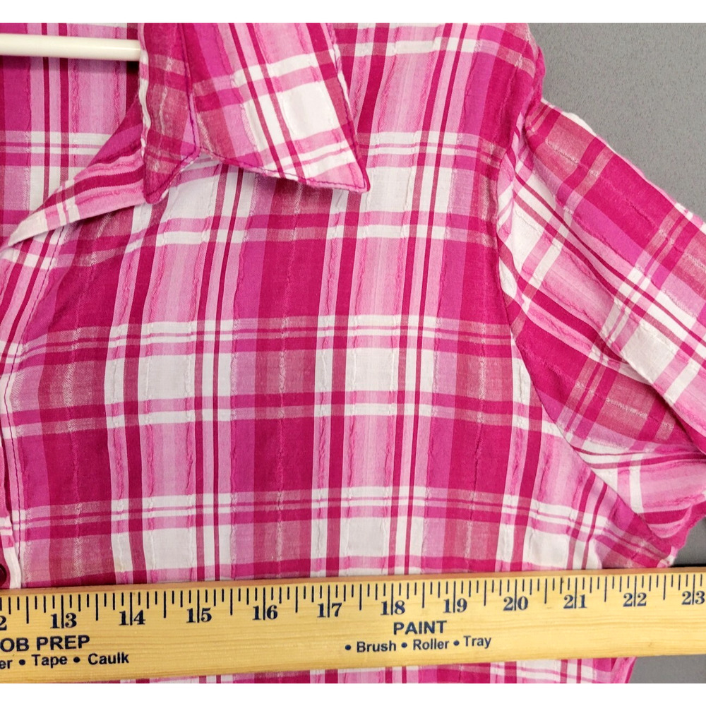 Alia Plaid Button Front Top Womens 16 Pink White Crinkle 3/4 Sleeves Casual - Picture 7 of 11